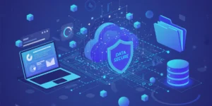 Servicio de copia de seguridad para empresas con almacenamiento en la nube, protección de datos y automatización segura, representado en estilo vectorial tecnológico.