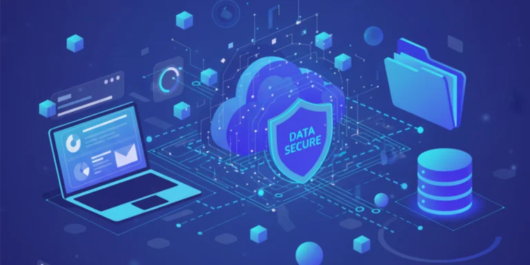 Servicio de copia de seguridad para empresas con almacenamiento en la nube, protección de datos y automatización segura, representado en estilo vectorial tecnológico.